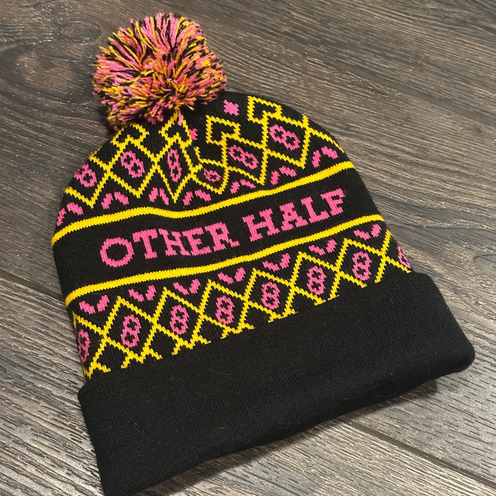 Other Half Black Pom Beanie with Pink & Yellow Pattern